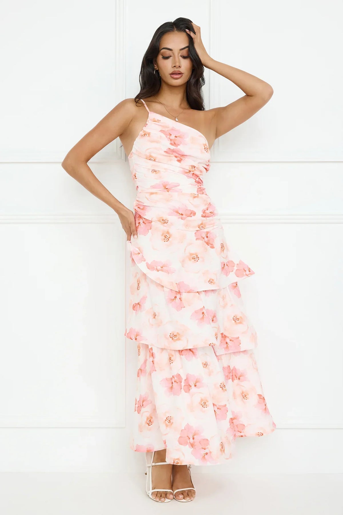 Petal Whirl One Shoulder Maxi Dress Pink