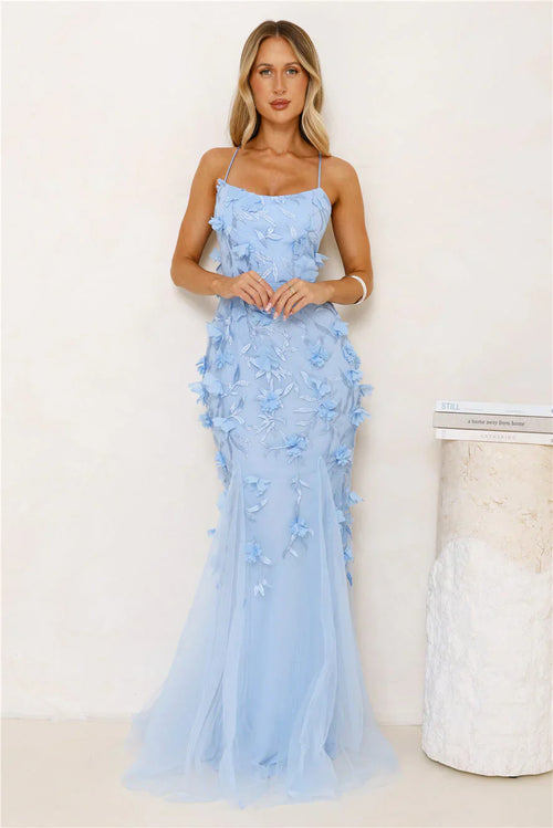 Petals In The Night Mesh Maxi Dress Blue