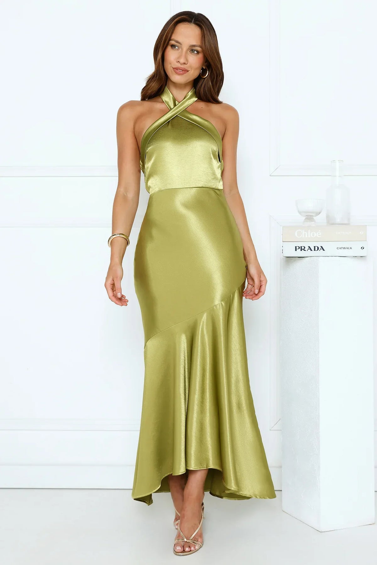 Moonlit Petal Kiss Satin Halter Maxi Dress Olive