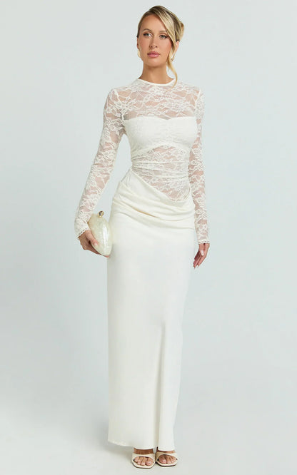 Crisanta Maxi Dress - Long Sleeve Contrast Lace Bodycon Dress in Ivory