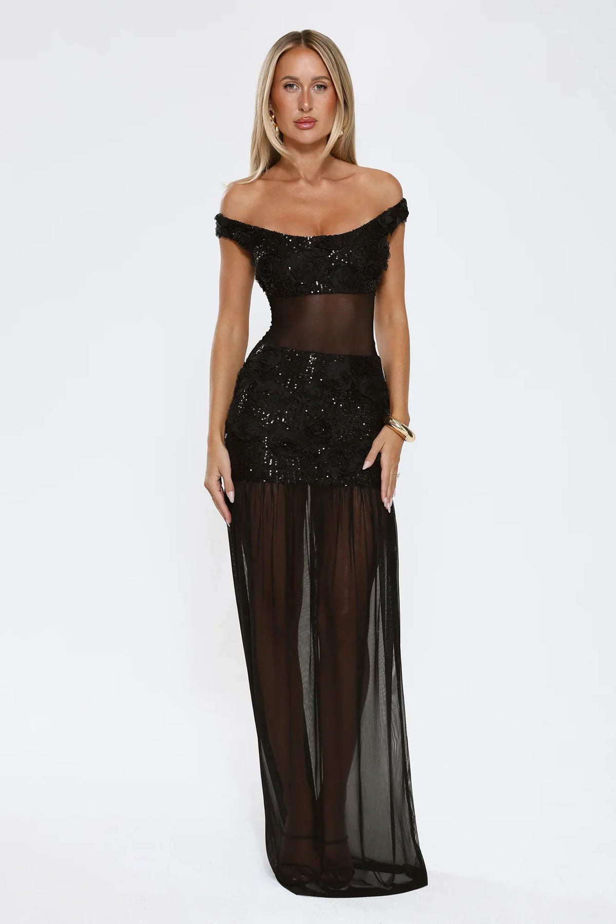 Radiance In The Dark Off Shoulder Sequin Maxi Dress Black