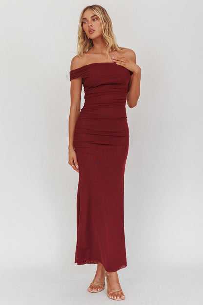 In Blooms Off Shoulder Mesh Midi Dress Wine