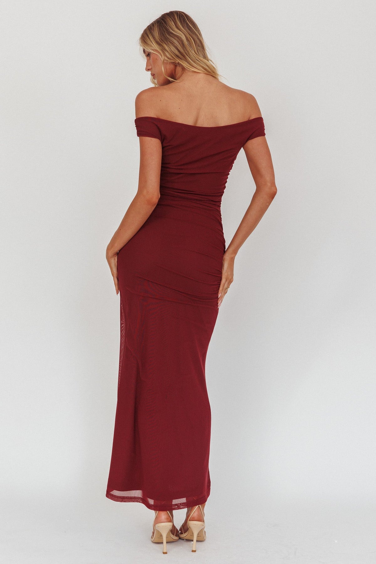 In Blooms Off Shoulder Mesh Midi Dress Wine
