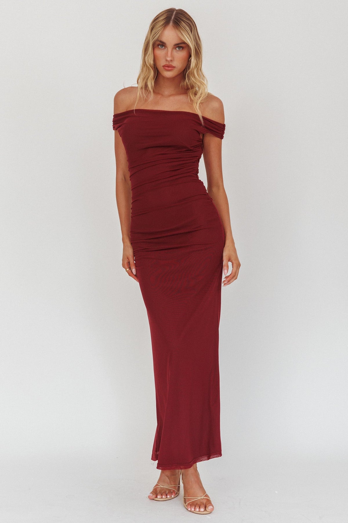 In Blooms Off Shoulder Mesh Midi Dress Wine