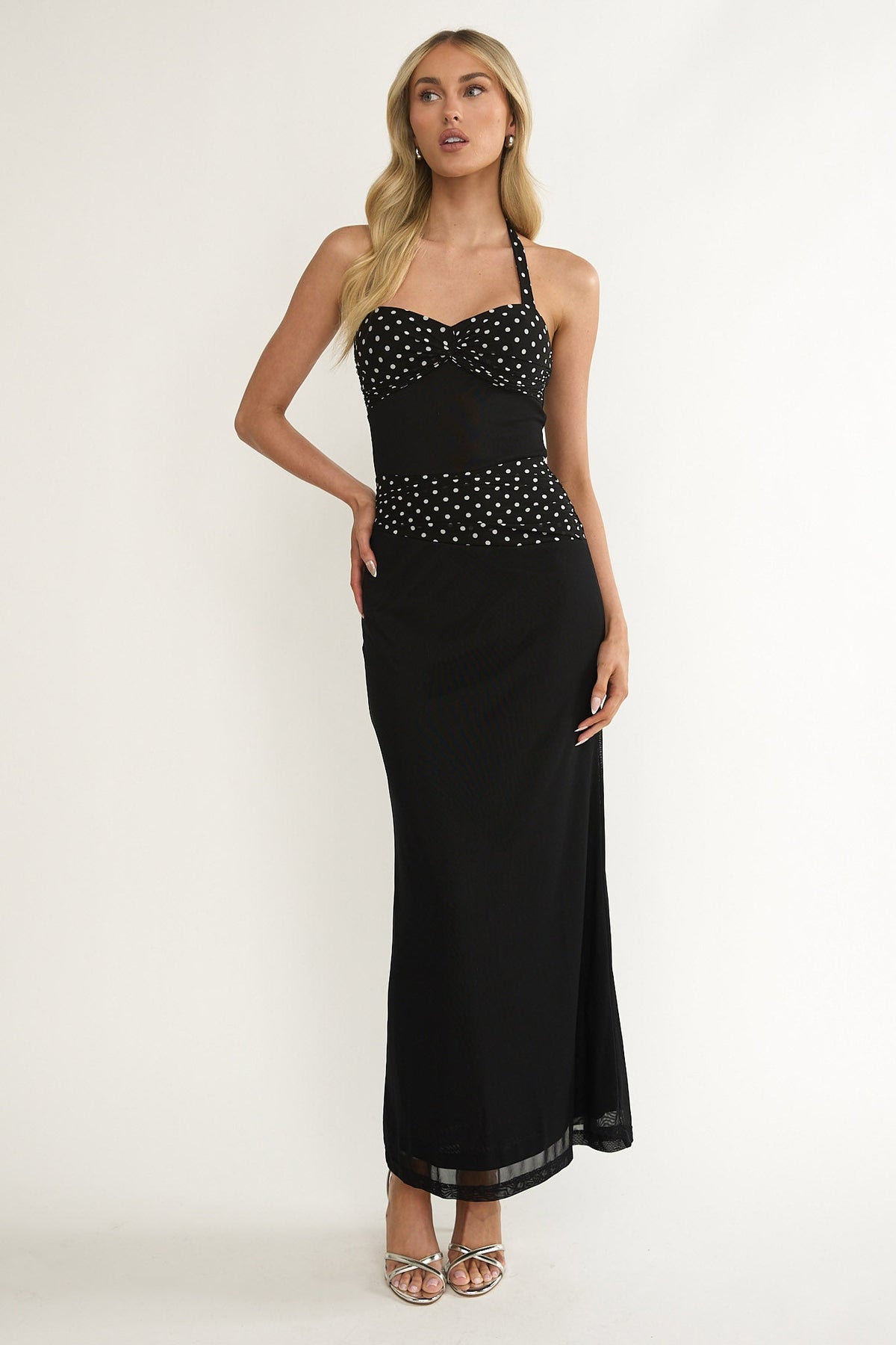 Swan Halterneck Ruched Waist Maxi Dress Black