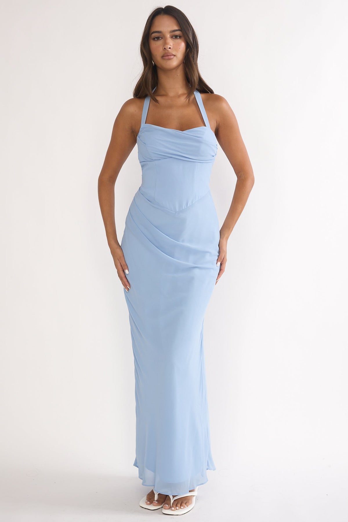 Rovelle Halterneck Pleat Waist Maxi Dress Sky Blue