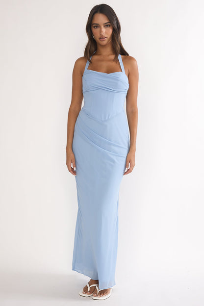 Rovelle Halterneck Pleat Waist Maxi Dress Sky Blue