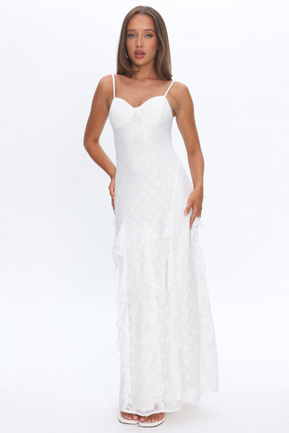 Onique Lace-Up Back Split Maxi Dress Lace White