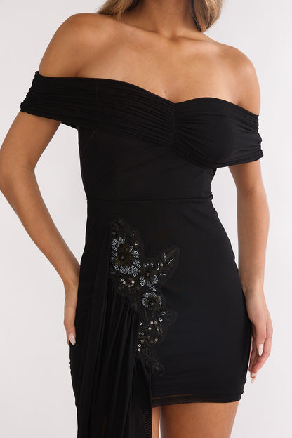 Dahlisse Off-Shoulder Sash Mini Dress Black