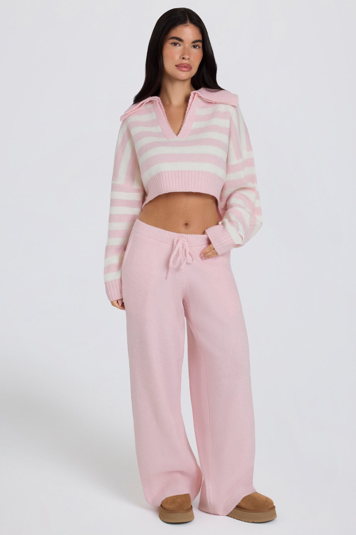 Knit Mid-Rise Wide-Leg Joggers in Soft Pink