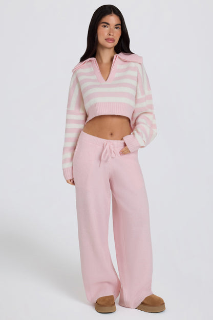 Knit Mid-Rise Wide-Leg Joggers in Soft Pink