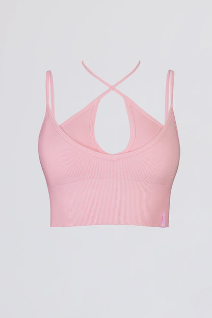 Seamless Soft Rib Crossover Sports Bra in Powder Pink