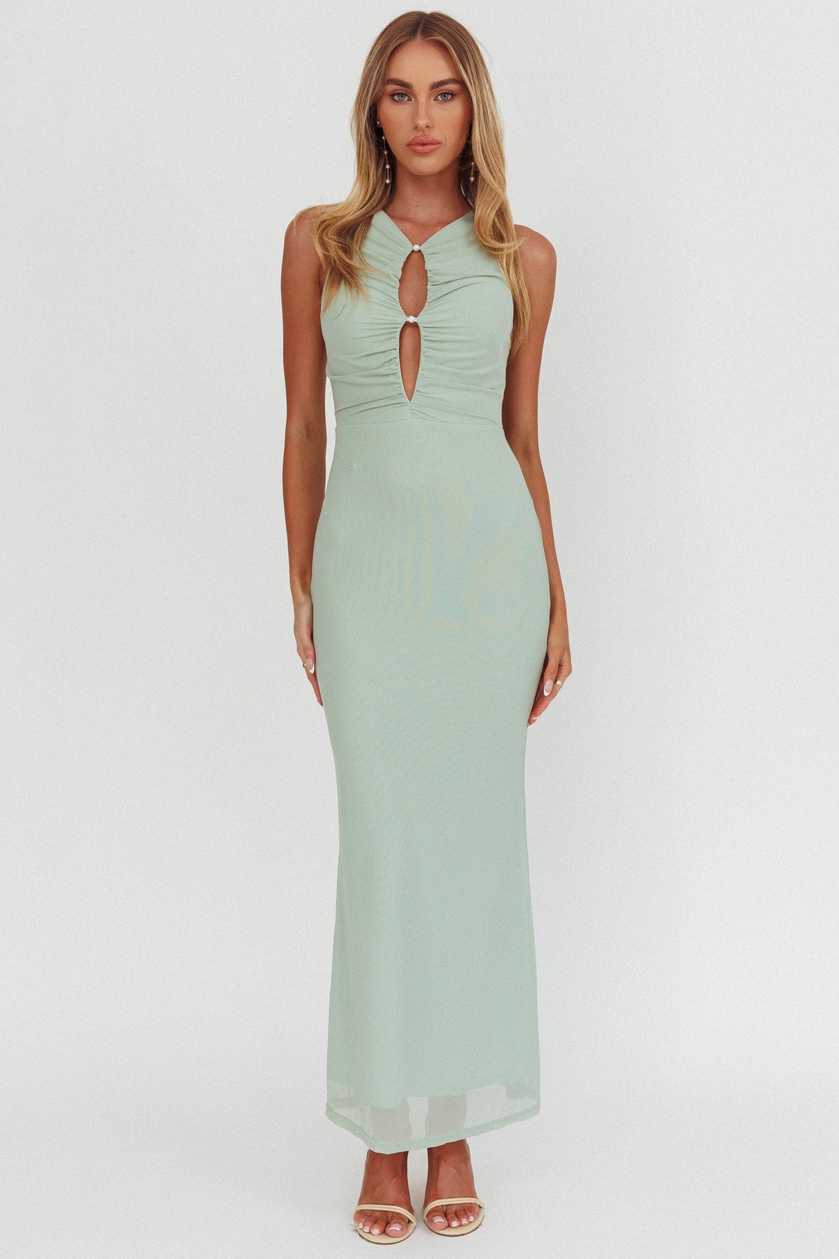 Piece Of Heaven Sleeveless Keyhole Mesh Maxi Dress Sage