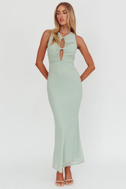 Piece Of Heaven Sleeveless Keyhole Mesh Maxi Dress Sage