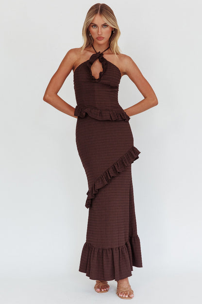 Clemence Smocked Frill Trim Maxi Dress Chocolate