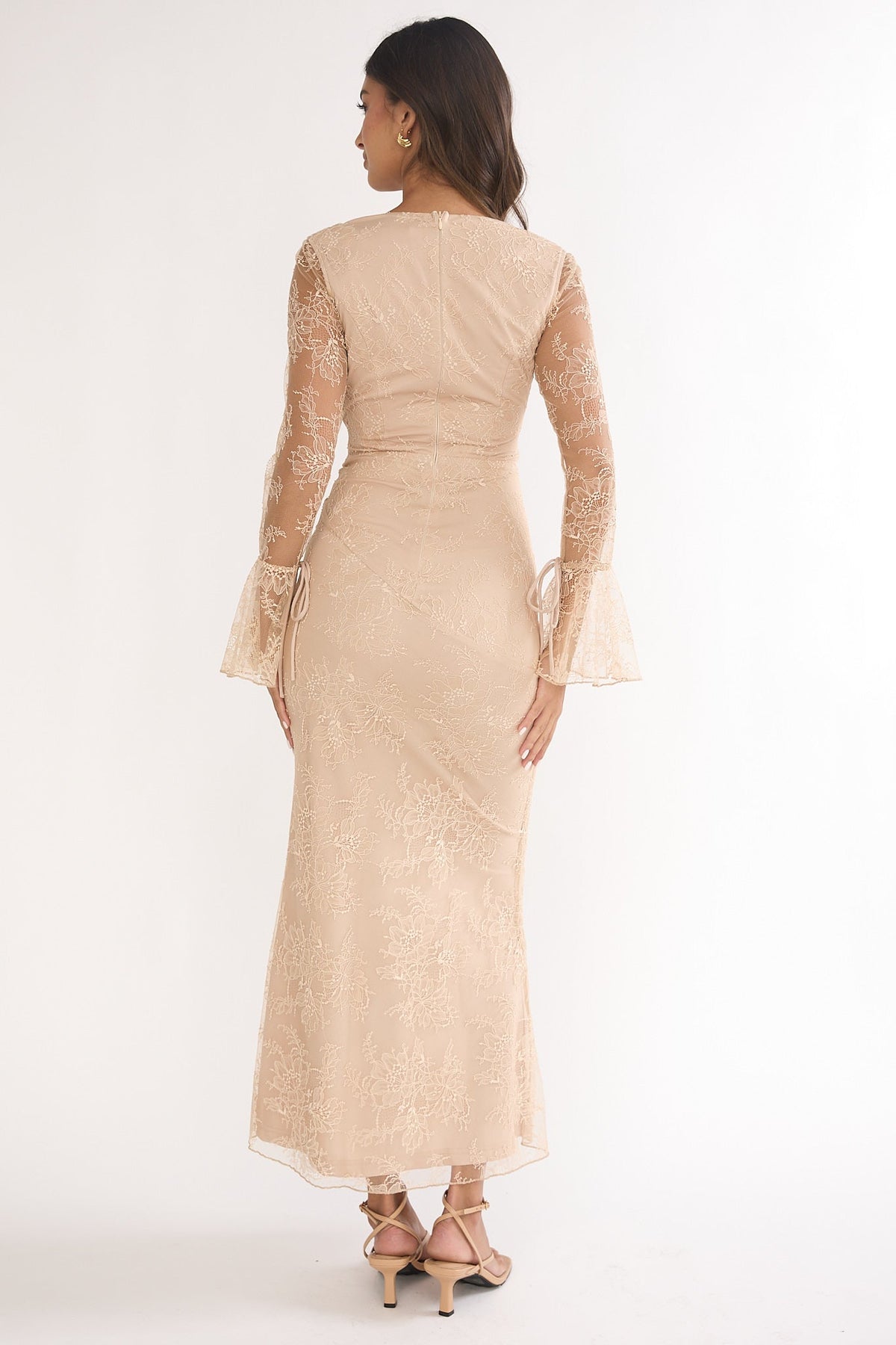 Lysandra Flared Cuff Maxi Dress Lace Beige