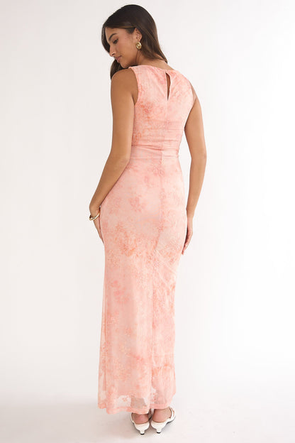 Elowra Mesh Maxi Dress Floral Pink