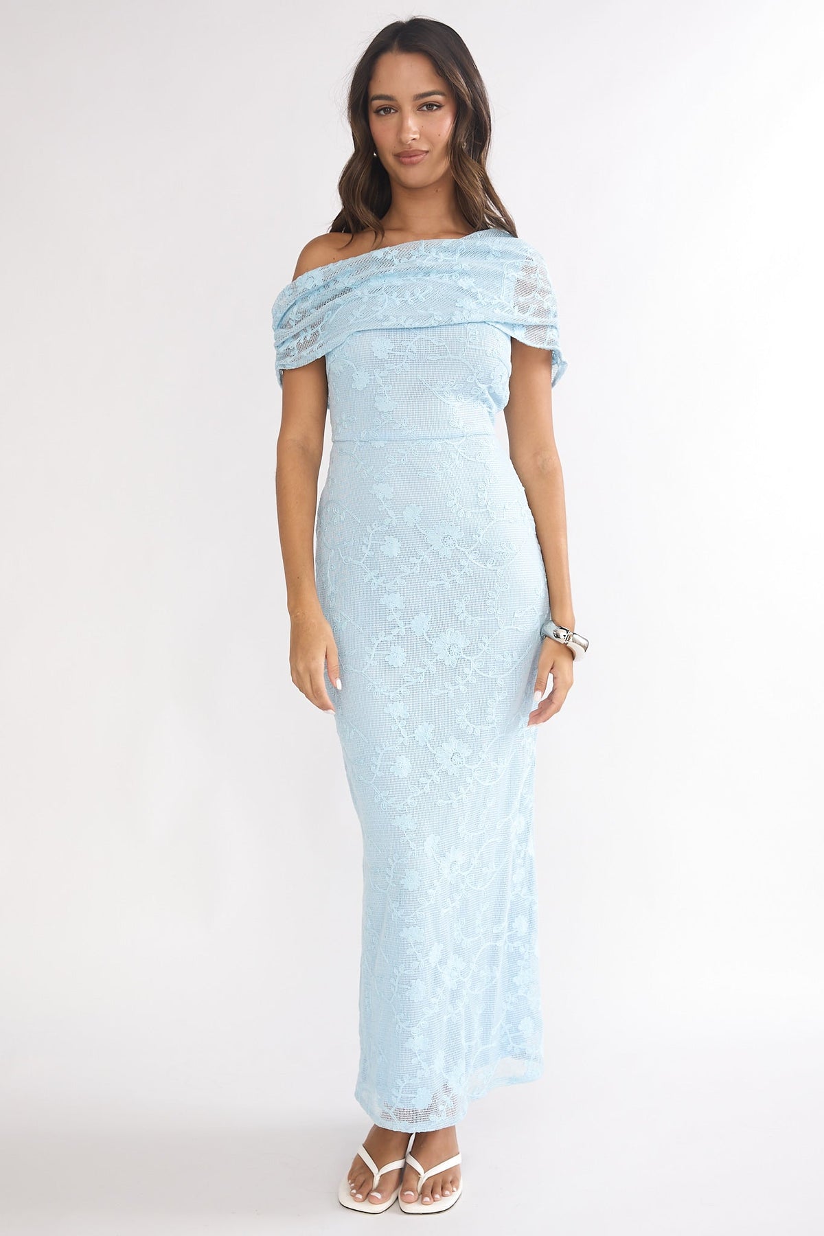 Elita Asymmetric Neckline Lace Maxi Dress Blue