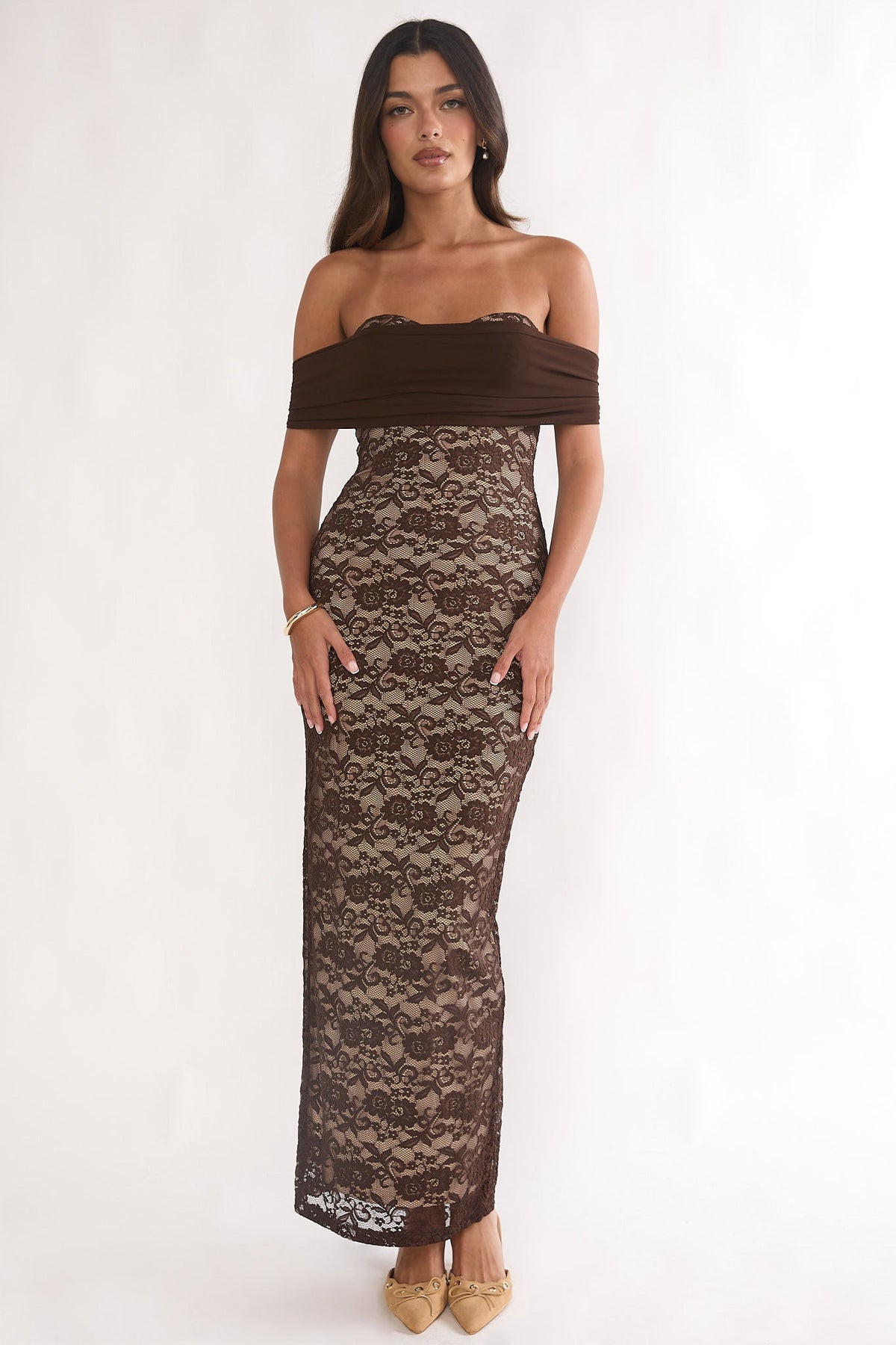 Jewelene Off-Shoulder Maxi Dress Lace Chocolate