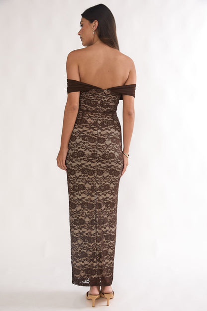 Jewelene Off-Shoulder Maxi Dress Lace Chocolate