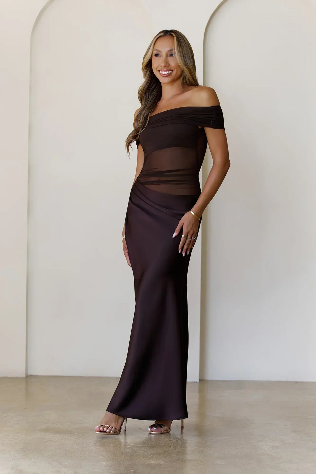 Veiled Whispers Off Shoulder Maxi Dress