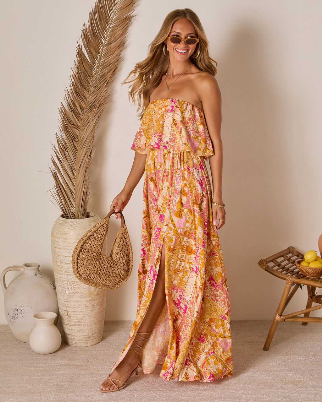 Rosha Printed Strapless Tie Maxi Dress