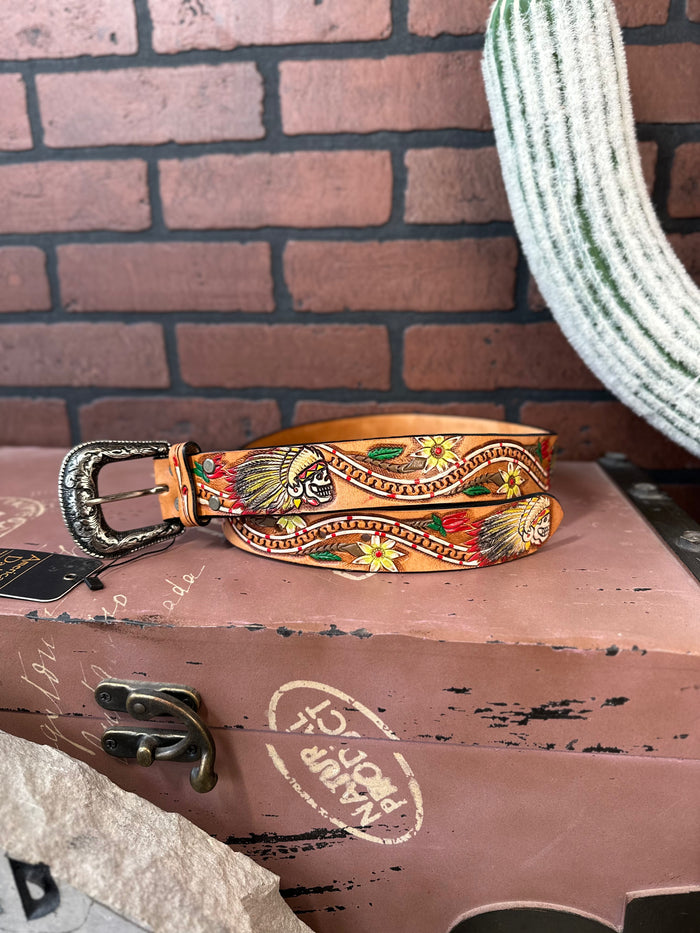 American Darling Skull & Flowers Hand Tooled & Painted Leather Belt ADBLF168-Painted Cowgirl Western Store