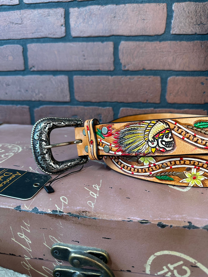 American Darling Skull & Flowers Hand Tooled & Painted Leather Belt ADBLF168-Painted Cowgirl Western Store