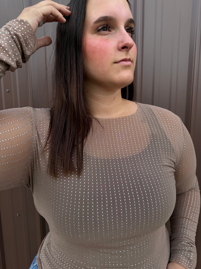 Rosa Taupe Rhinestone Sheer Mesh Round Neck Long Sleeve Top RCWJ03140