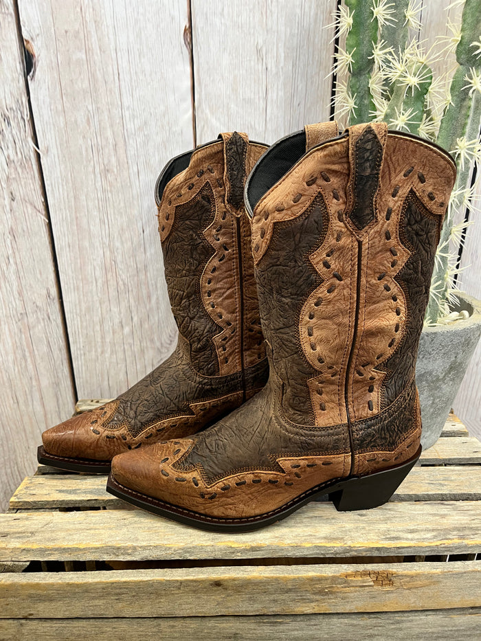Laredo Men's Brown Leather & Rust Ronnie Overlay Snip Toe Cowboy Boots 68471-Painted Cowgirl Western Store