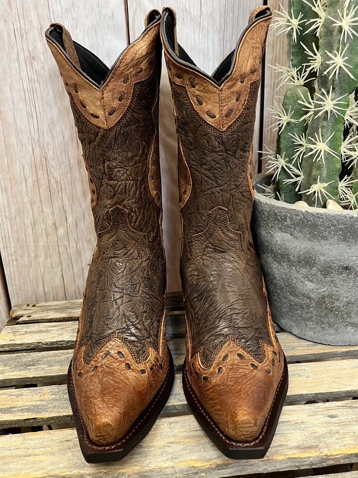 Laredo Men's Brown Leather & Rust Ronnie Overlay Snip Toe Cowboy Boots 68471-Painted Cowgirl Western Store