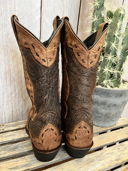 Laredo Men's Brown Leather & Rust Ronnie Overlay Snip Toe Cowboy Boots 68471-Painted Cowgirl Western Store