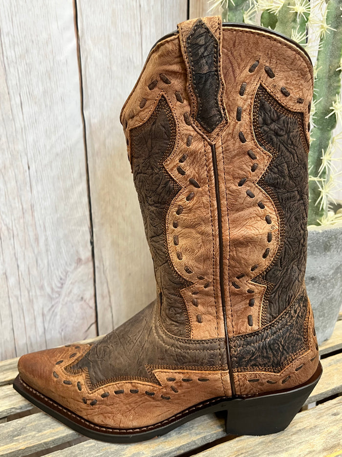 Laredo Men's Brown Leather & Rust Ronnie Overlay Snip Toe Cowboy Boots 68471-Painted Cowgirl Western Store
