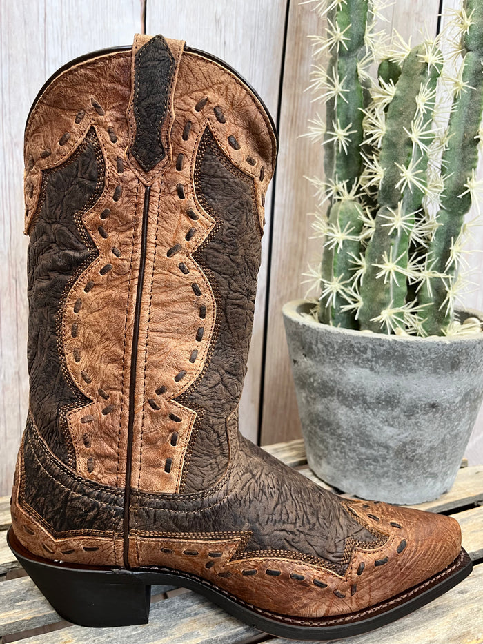 Laredo Men's Brown Leather & Rust Ronnie Overlay Snip Toe Cowboy Boots 68471-Painted Cowgirl Western Store