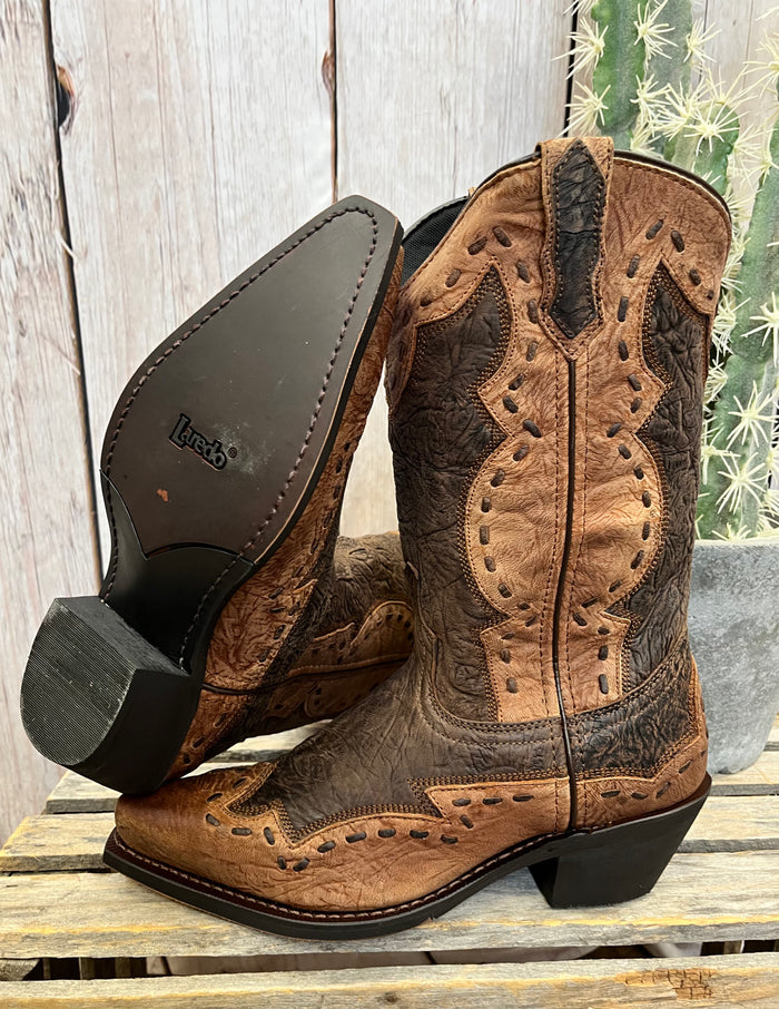 Laredo Men's Brown Leather & Rust Ronnie Overlay Snip Toe Cowboy Boots 68471-Painted Cowgirl Western Store
