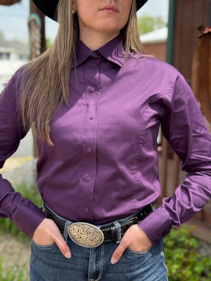 RHC Equestrian Women's Solid Plum Sateen Lycra Hidden Zipper Western Show Shirt 68520-P