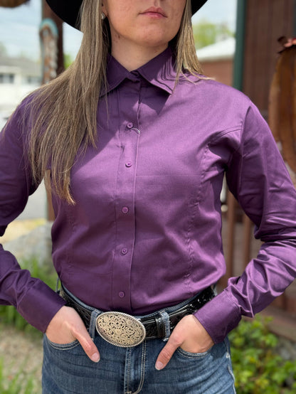 RHC Equestrian Women's Solid Plum Sateen Lycra Hidden Zipper Western Show Shirt 68520-P