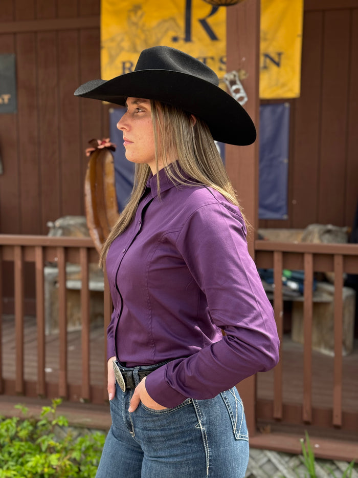 RHC Equestrian Women's Solid Plum Sateen Lycra Hidden Zipper Western Show Shirt 68520-P