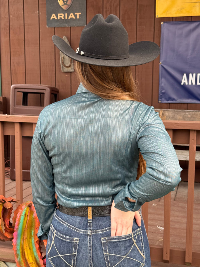 RHC Equestrian Women's Teal Green Sateen Lycra Hidden Zipper Western Show Shirt 70357-T