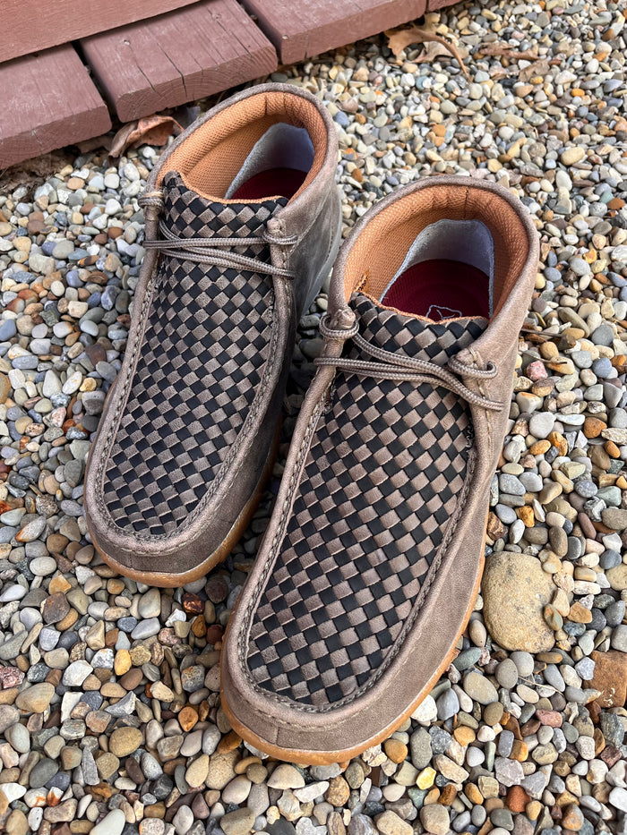 Twisted X Men's 4" Chukka Taupe Grey & Black Basketweave Leather Driving Moc Shoe MDM0097-Painted Cowgirl Western Store