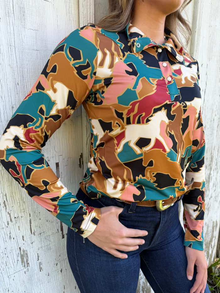 Wrangler Retro Women's Brown Skye Performance Horse Print 1/4 Snap Pullover 112382751