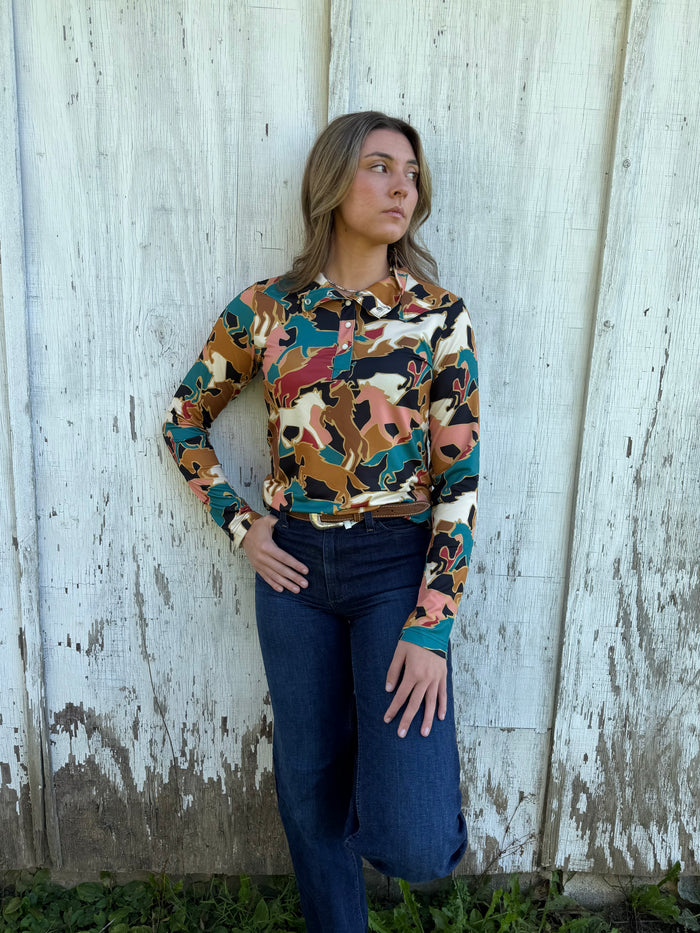 Wrangler Retro Women's Brown Skye Performance Horse Print 1/4 Snap Pullover 112382751