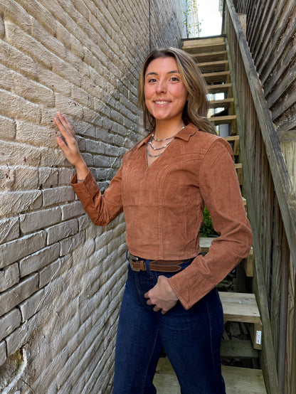 Wrangler Retro Women's Brown Corduroy Long Sleeve Cropped Shirt 112382677