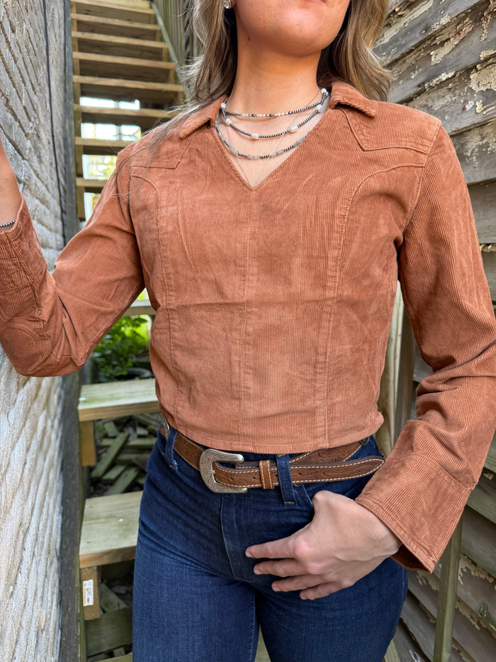 Wrangler Retro Women's Brown Corduroy Long Sleeve Cropped Shirt 112382677