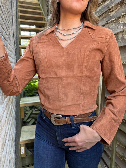Wrangler Retro Women's Brown Corduroy Long Sleeve Cropped Shirt 112382677