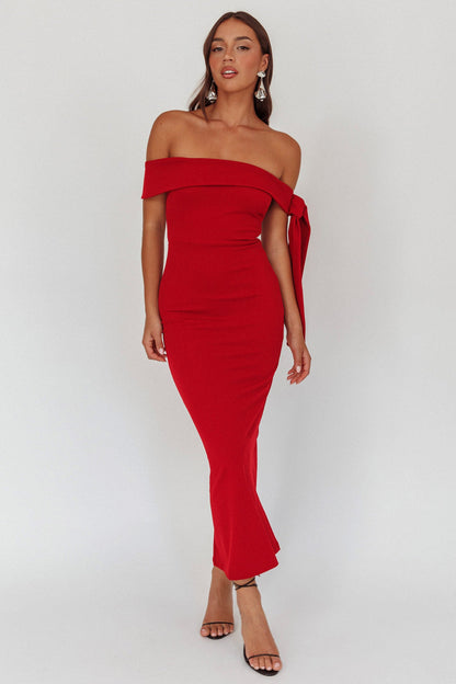 Aurora Sky Off-Shoulder Tie Maxi Dress Cherry