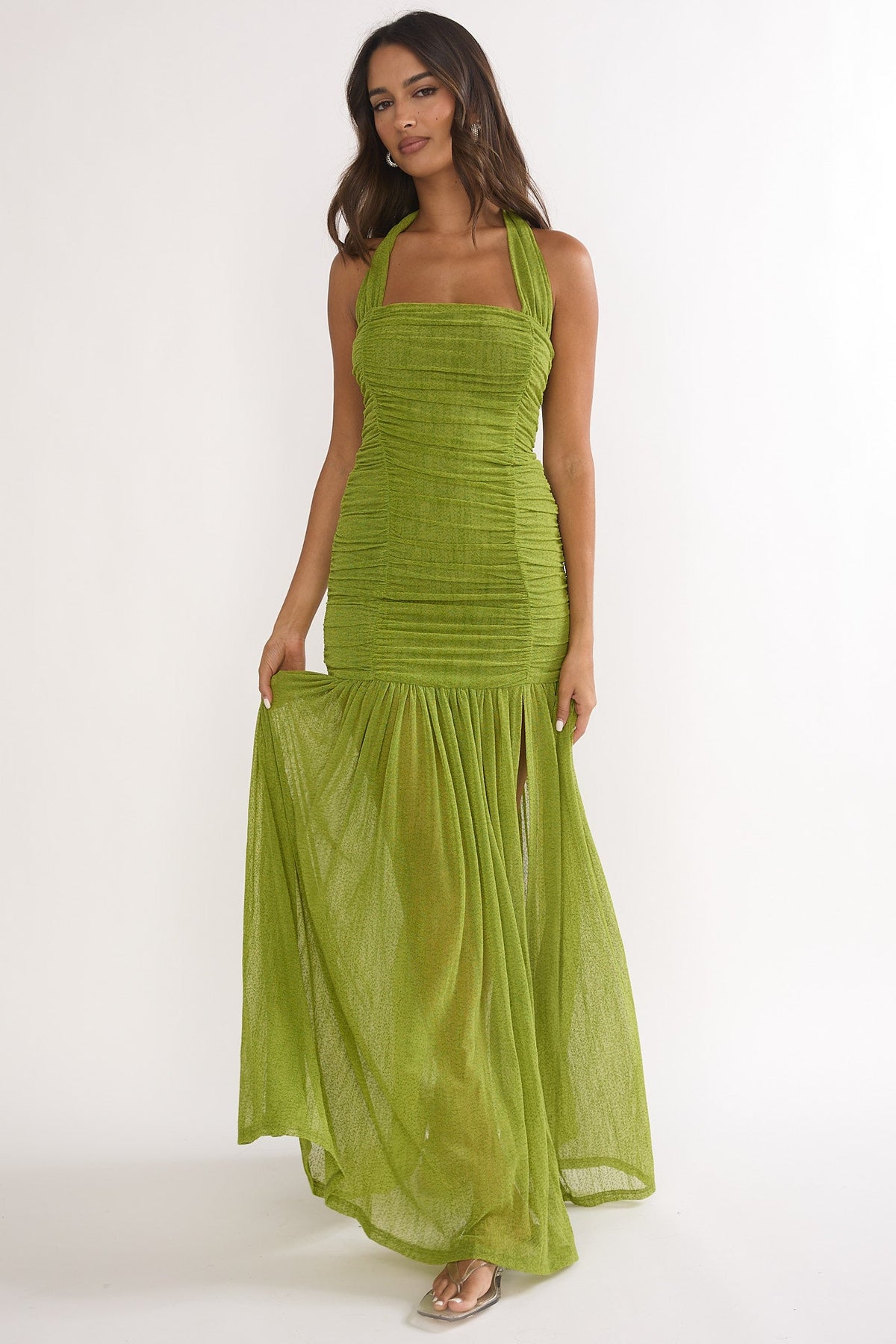 Galinda Ruched Bodice Halterneck Maxi Dress Olive