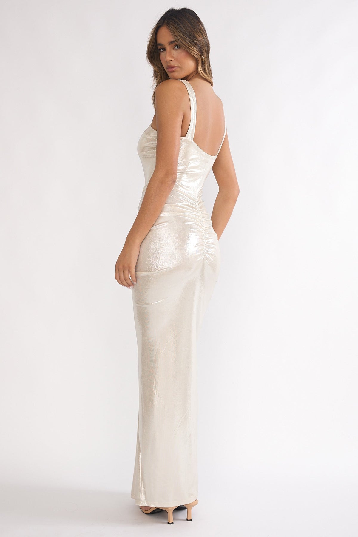 Delaina Ruched Waist Gold Accent Maxi Dress Pearl