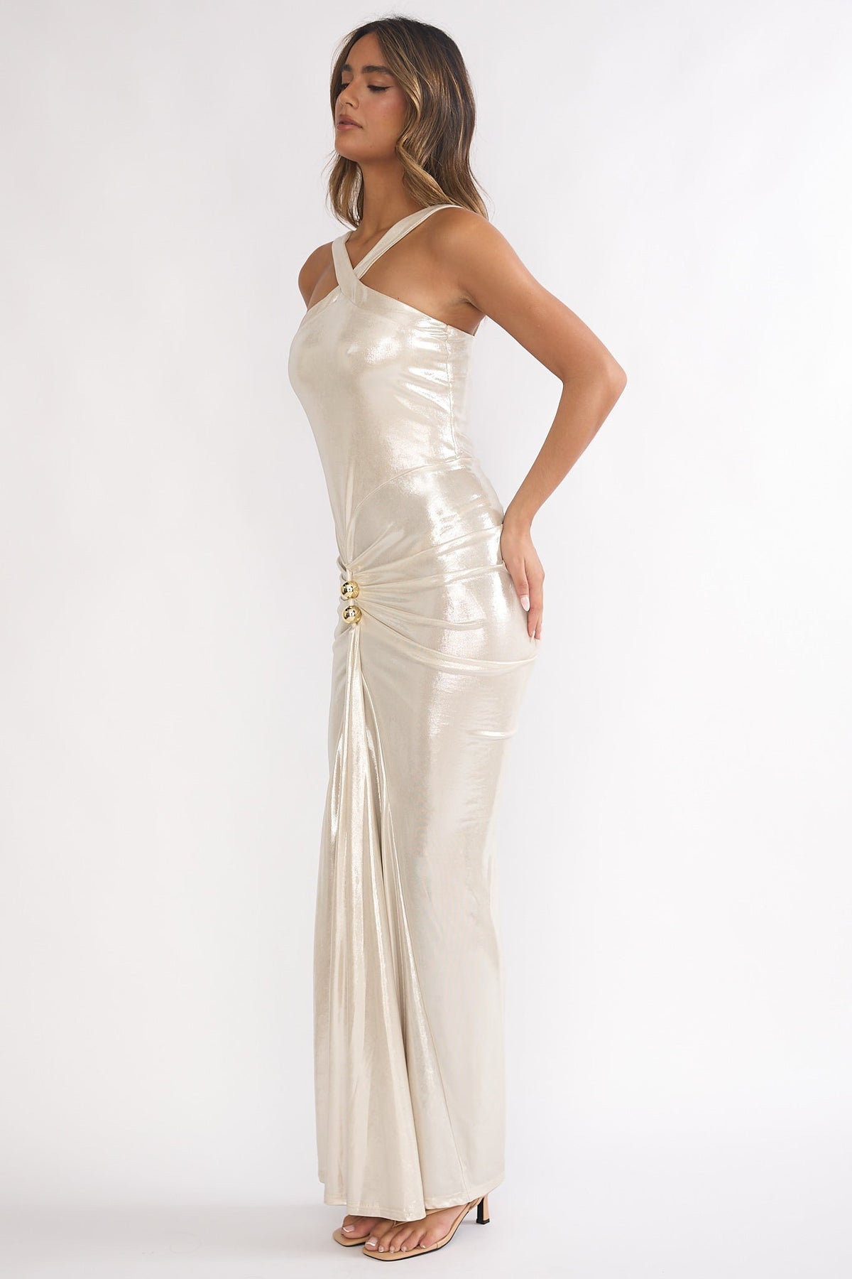 Delaina Ruched Waist Gold Accent Maxi Dress Pearl