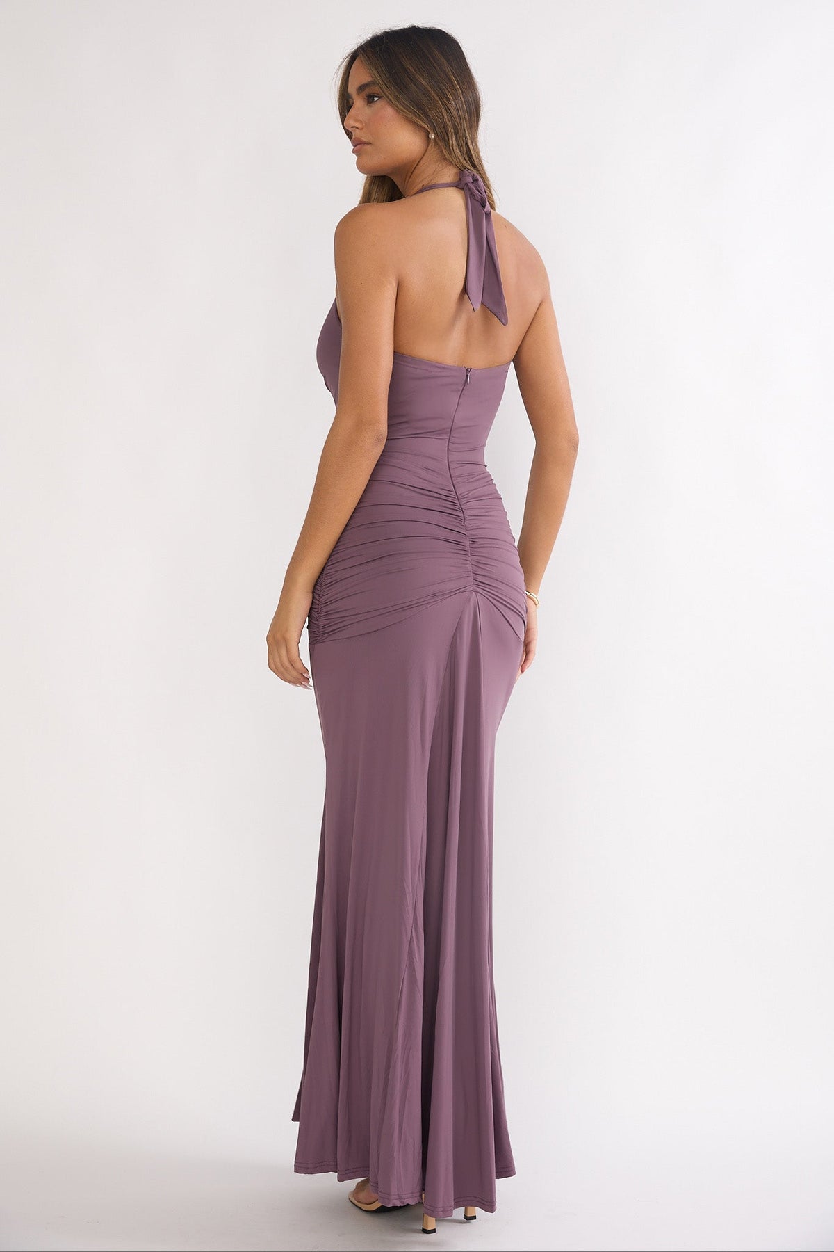 Brienna Halter Ruched Maxi Dress Mauve